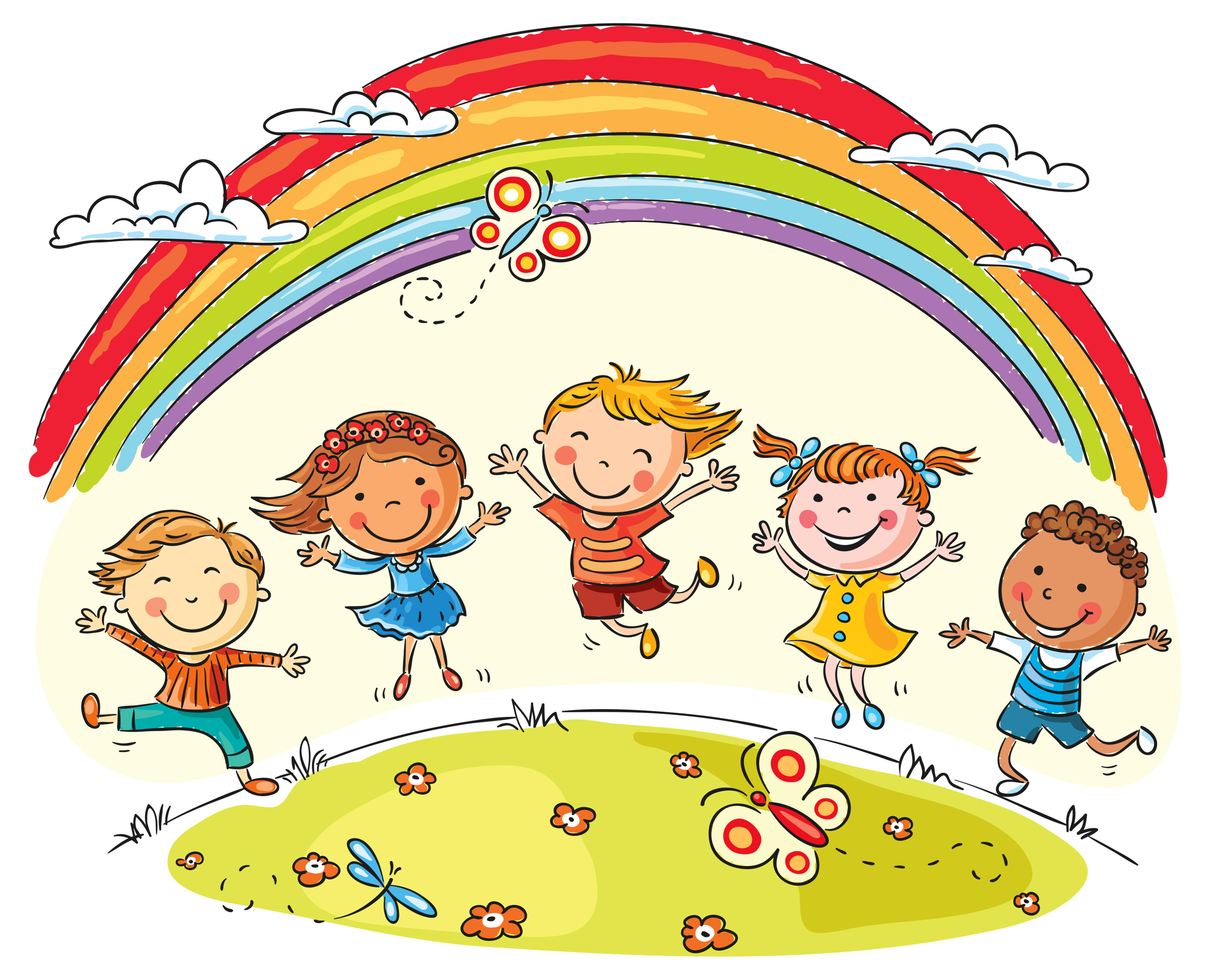35233096 - kids jumping with joy on a hill under rainbow, colorful cartoon